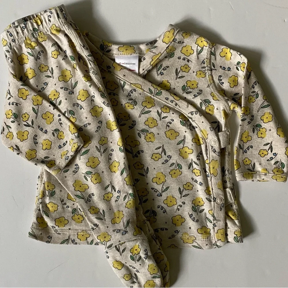 Hanna Andersson Outfit Size 3 6 Months Kimono Floral 2-Piece Yellow Flowers EUC